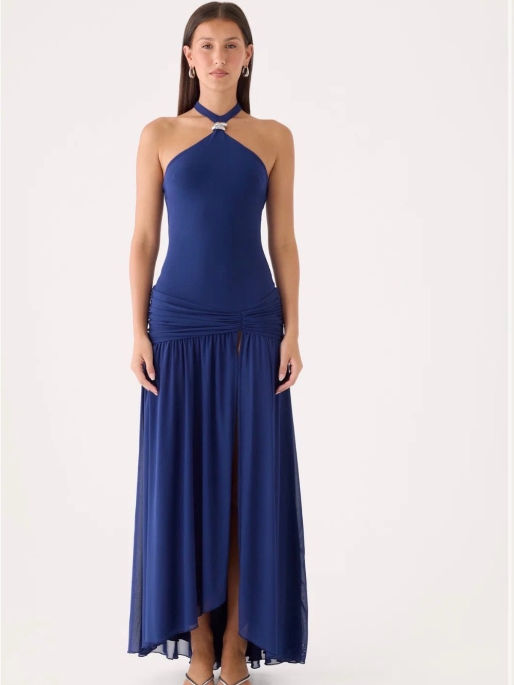 Peppermayo Navy Halter Maxi Dress with Gathered Waist